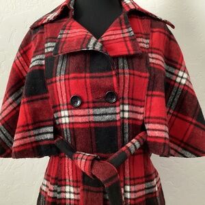 Twentyone, sz small, red/black plaid, cape coat, cropped